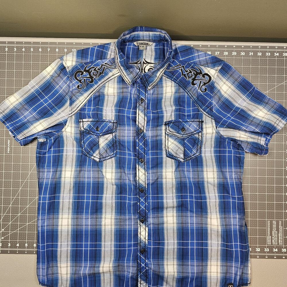 Fame Jeans Machine Shirt XXL Blue Plaid Gothic MMA Embroidered Affliction Biker